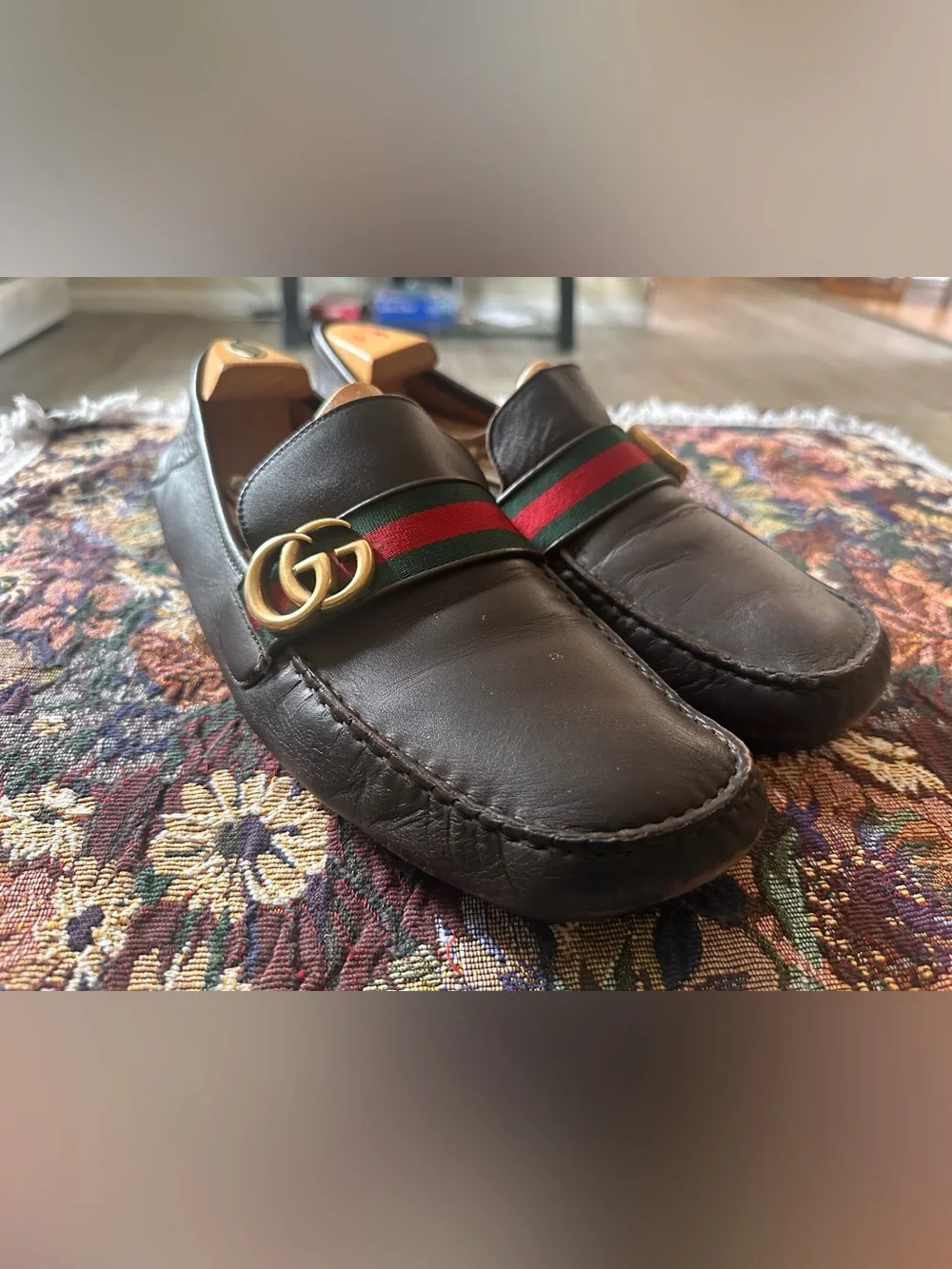 Gucci GG Gold Green Red Web Brown Leather Men’s Driving Loafers Size 12 G